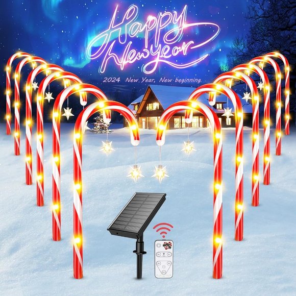 Outdoor Christmas Decor, 12 Pack Solar Christmas Candy Cane Lights with 9 Modes - Picture 1 of 7